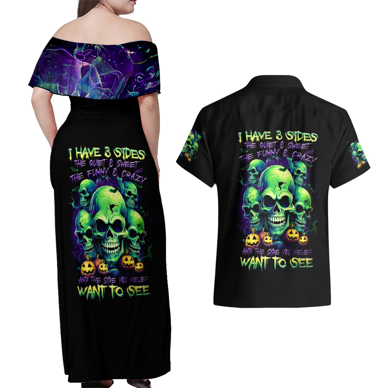 Skull Pumpkin Couples Matching Off Shoulder Maxi Dress and Hawaiian Shirt I Have Three Side Quite Funny And Side You Never Want - Wonder Print Shop