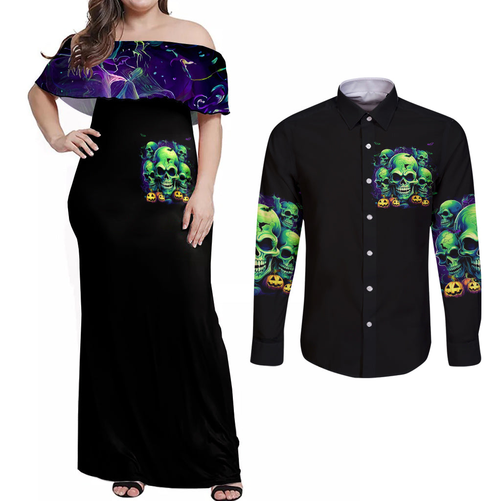 Skull Pumpkin Couples Matching Off Shoulder Maxi Dress and Long Sleeve Button Shirts I Have Three Side Quite Funny And Side You Never Want - Wonder Print Shop