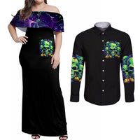Skull Pumpkin Couples Matching Off Shoulder Maxi Dress and Long Sleeve Button Shirts I Have Three Side Quite Funny And Side You Never Want - Wonder Print Shop
