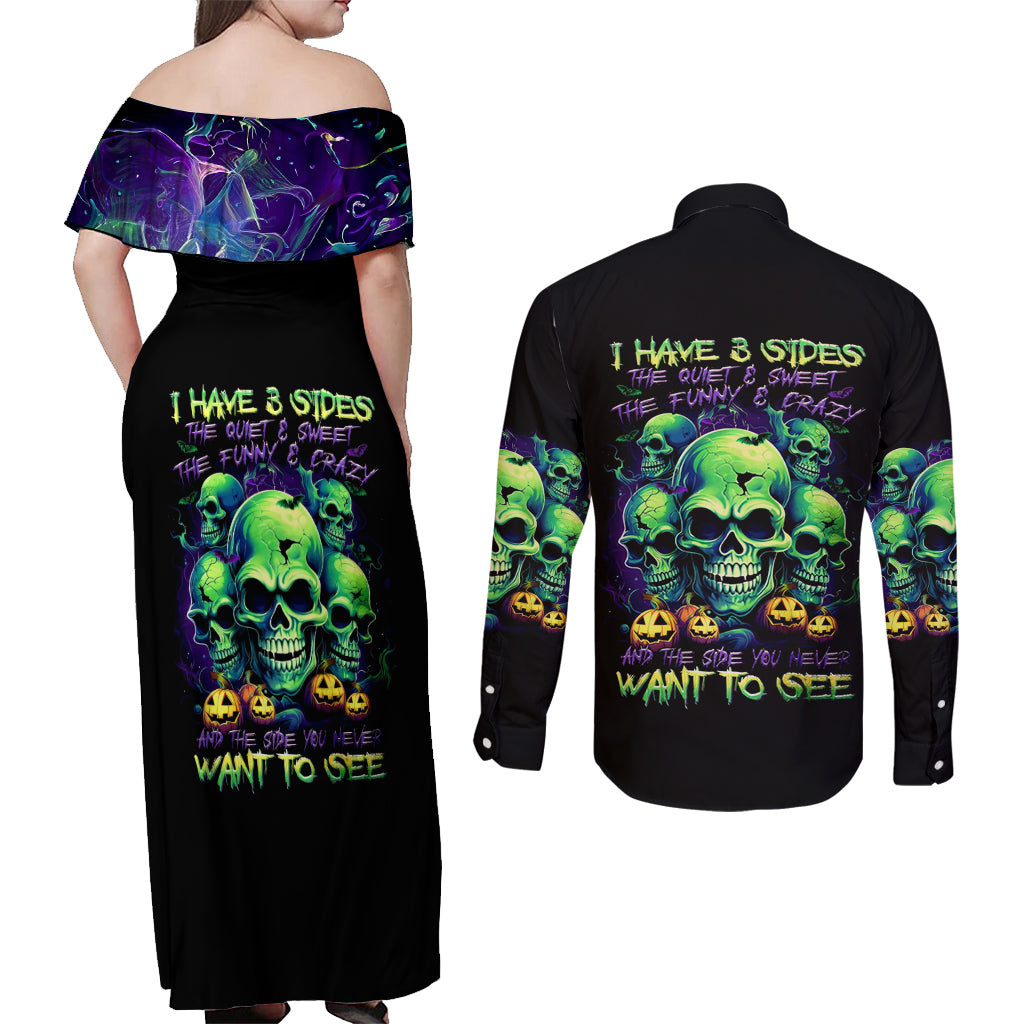 Skull Pumpkin Couples Matching Off Shoulder Maxi Dress and Long Sleeve Button Shirts I Have Three Side Quite Funny And Side You Never Want - Wonder Print Shop