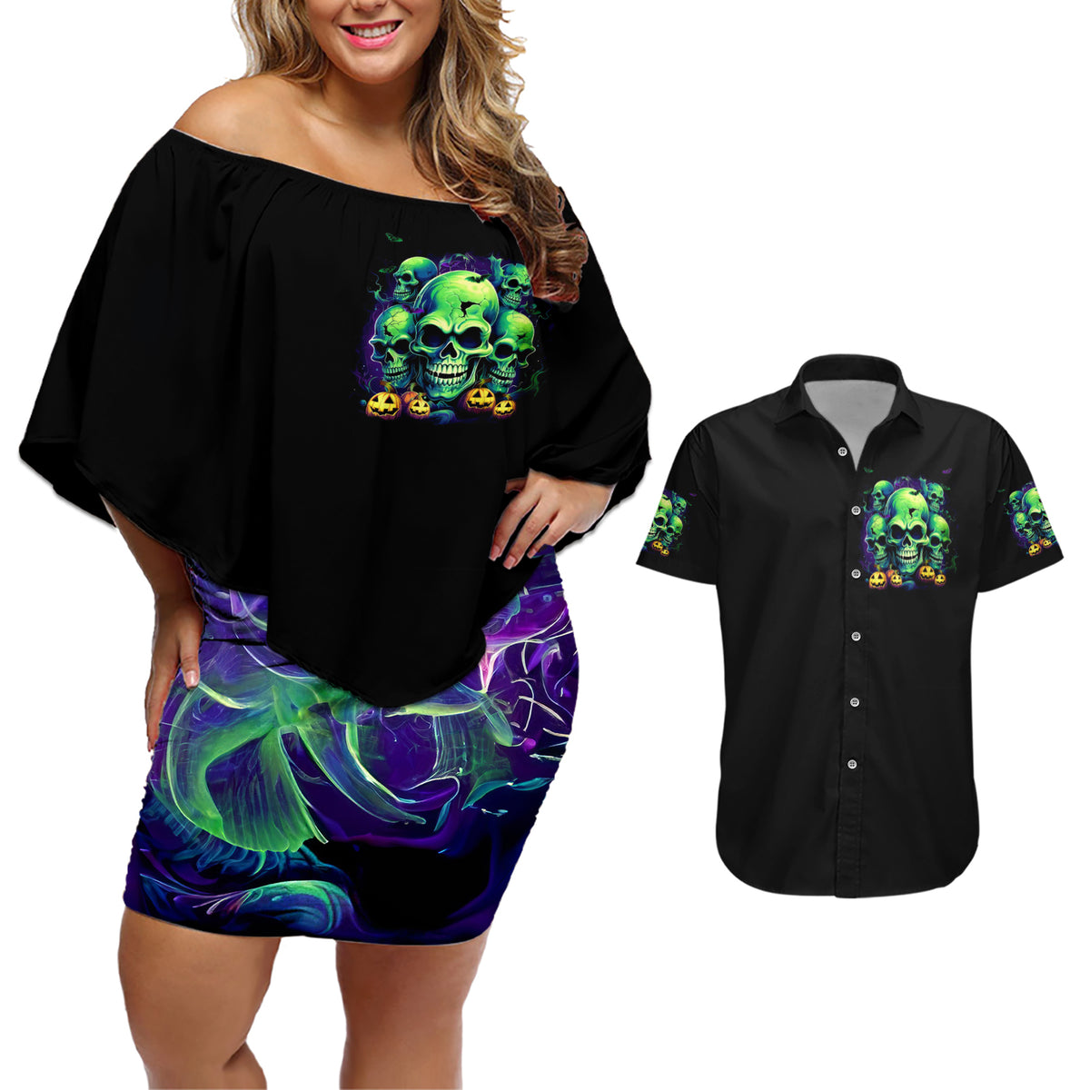 Skull Pumpkin Couples Matching Off Shoulder Short Dress and Hawaiian Shirt I Have Three Side Quite Funny And Side You Never Want - Wonder Print Shop