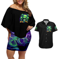 Skull Pumpkin Couples Matching Off Shoulder Short Dress and Hawaiian Shirt I Have Three Side Quite Funny And Side You Never Want - Wonder Print Shop
