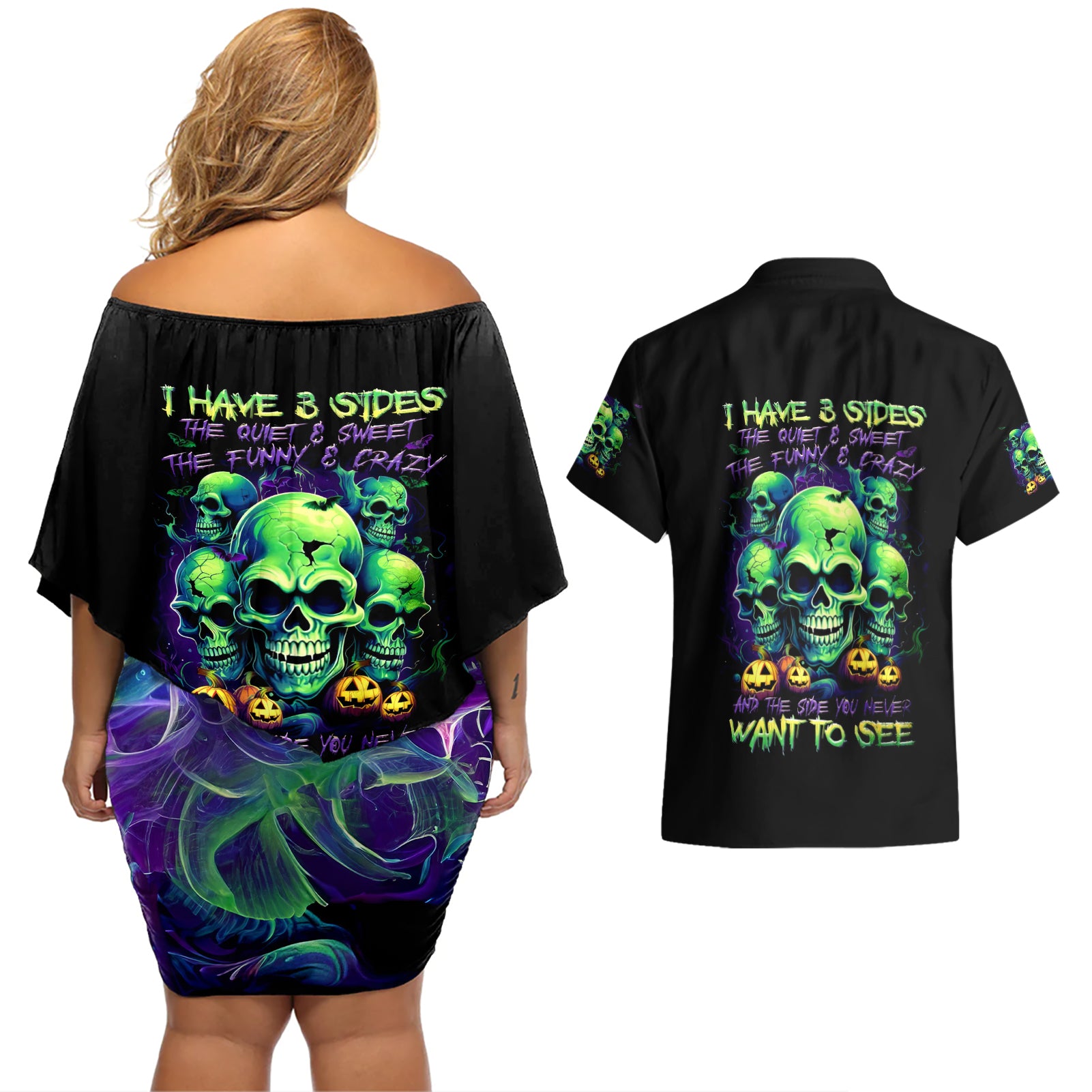 Skull Pumpkin Couples Matching Off Shoulder Short Dress and Hawaiian Shirt I Have Three Side Quite Funny And Side You Never Want - Wonder Print Shop