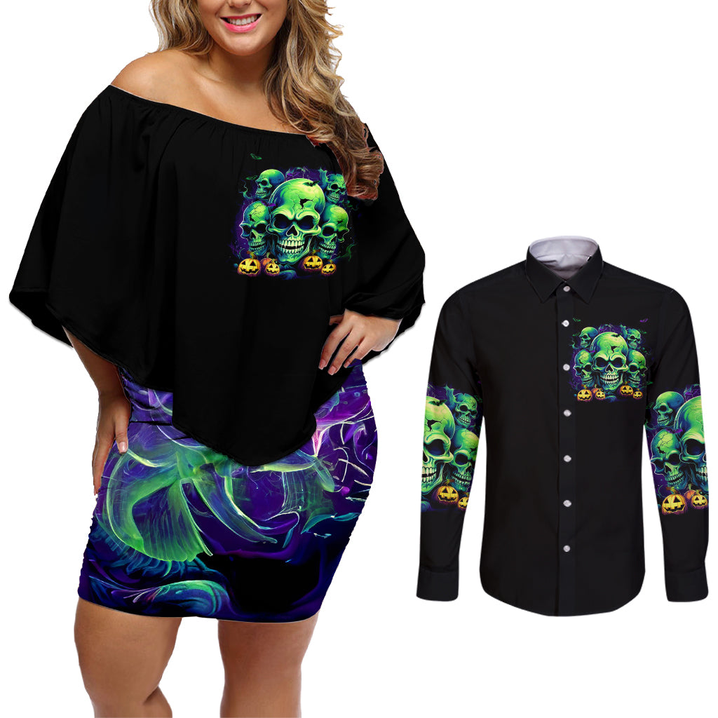 Skull Pumpkin Couples Matching Off Shoulder Short Dress and Long Sleeve Button Shirts I Have Three Side Quite Funny And Side You Never Want - Wonder Print Shop