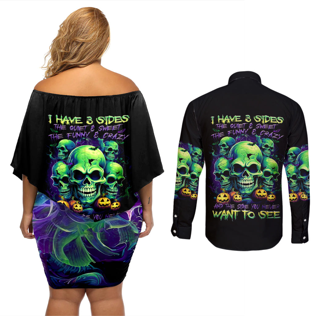Skull Pumpkin Couples Matching Off Shoulder Short Dress and Long Sleeve Button Shirts I Have Three Side Quite Funny And Side You Never Want - Wonder Print Shop
