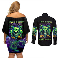 Skull Pumpkin Couples Matching Off Shoulder Short Dress and Long Sleeve Button Shirts I Have Three Side Quite Funny And Side You Never Want - Wonder Print Shop