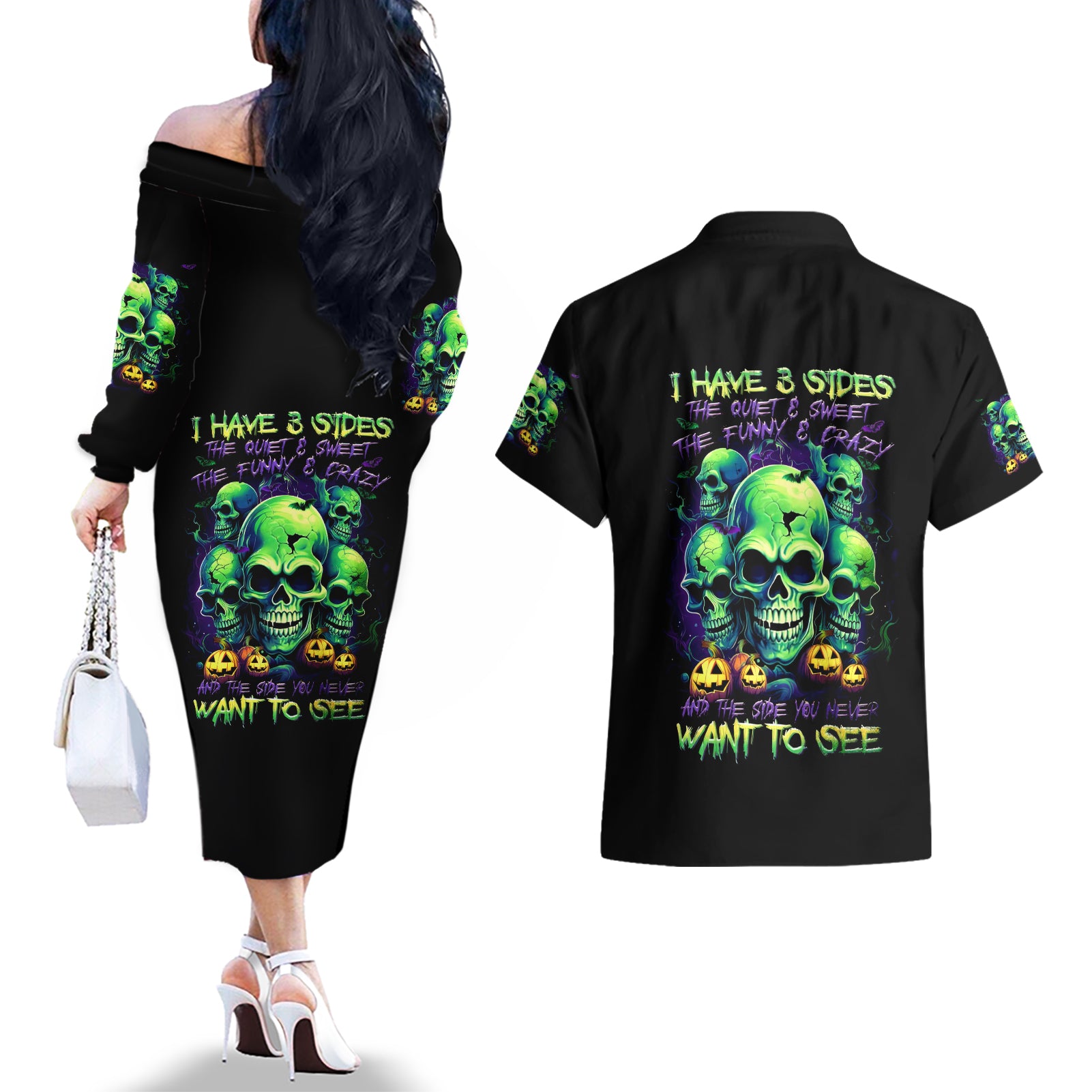 Skull Pumpkin Couples Matching Off The Shoulder Long Sleeve Dress and Hawaiian Shirt I Have Three Side Quite Funny And Side You Never Want - Wonder Print Shop