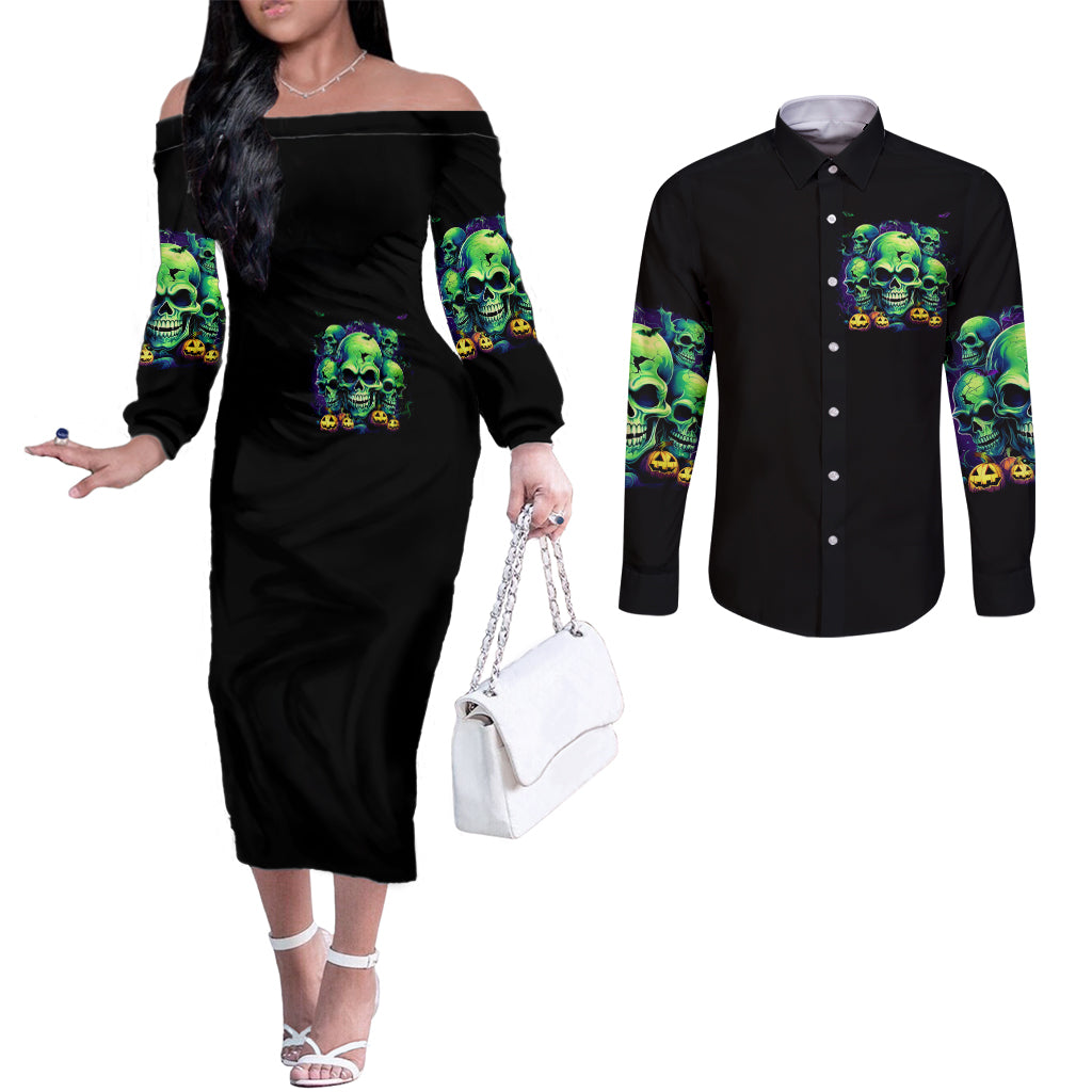 Skull Pumpkin Couples Matching Off The Shoulder Long Sleeve Dress and Long Sleeve Button Shirts I Have Three Side Quite Funny And Side You Never Want DT01