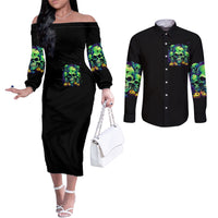 Skull Pumpkin Couples Matching Off The Shoulder Long Sleeve Dress and Long Sleeve Button Shirts I Have Three Side Quite Funny And Side You Never Want DT01
