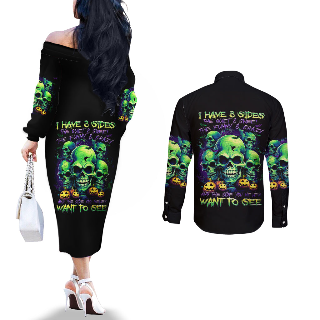 Skull Pumpkin Couples Matching Off The Shoulder Long Sleeve Dress and Long Sleeve Button Shirts I Have Three Side Quite Funny And Side You Never Want DT01