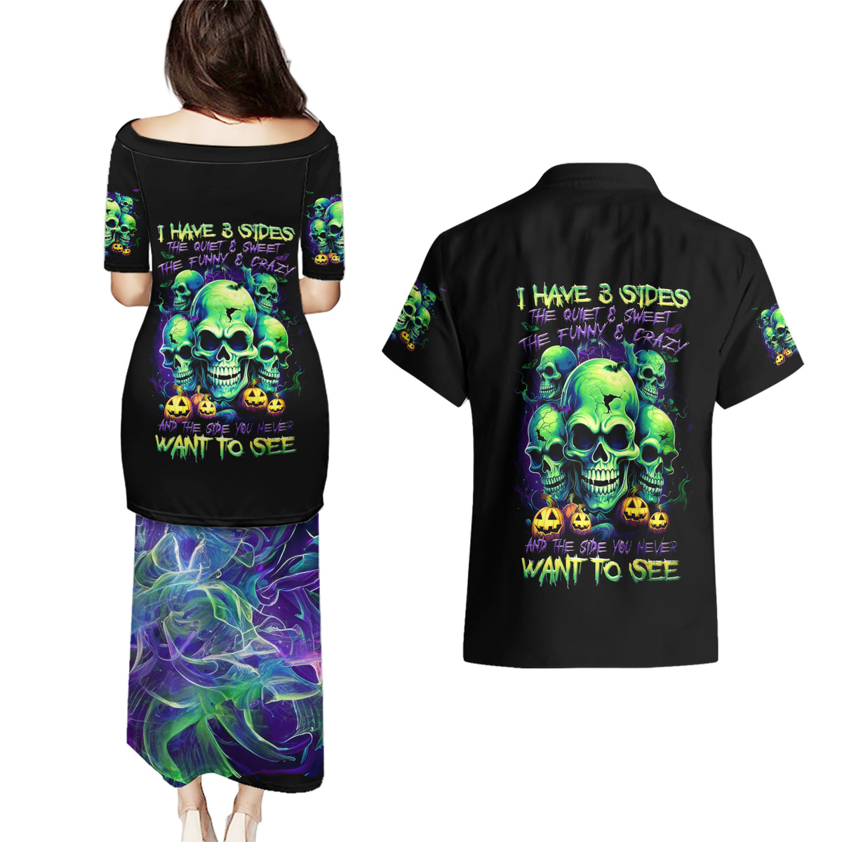 Skull Pumpkin Couples Matching Puletasi Dress and Hawaiian Shirt I Have Three Side Quite Funny And Side You Never Want - Wonder Print Shop