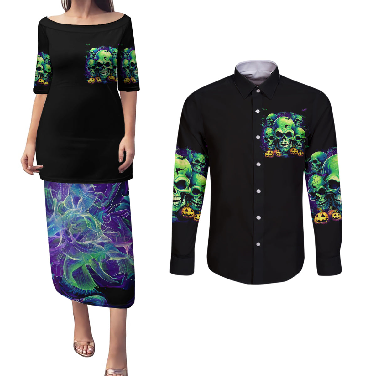 Skull Pumpkin Couples Matching Puletasi Dress and Long Sleeve Button Shirts I Have Three Side Quite Funny And Side You Never Want - Wonder Print Shop