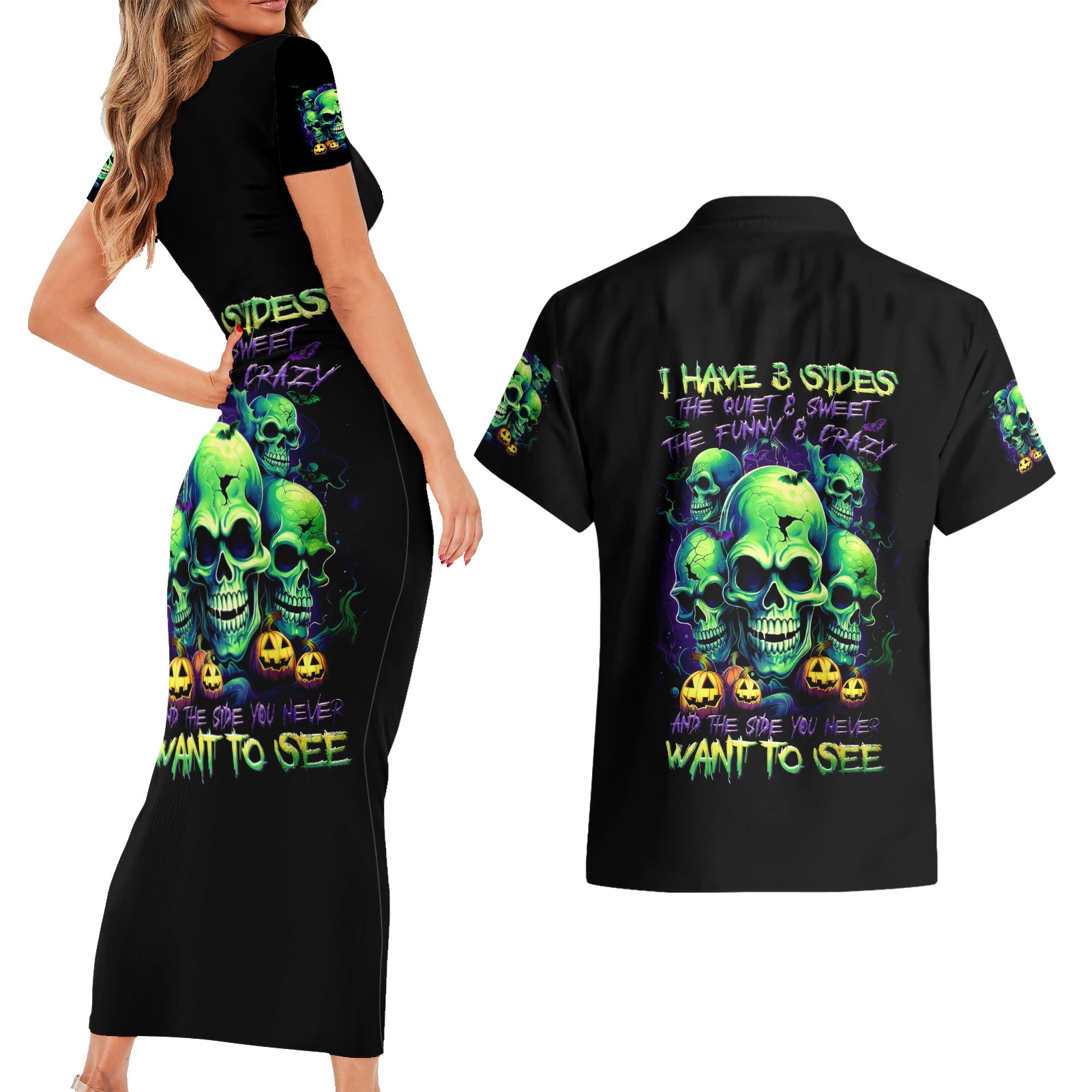 Skull Pumpkin Couples Matching Short Sleeve Bodycon Dress and Hawaiian Shirt I Have Three Side Quite Funny And Side You Never Want - Wonder Print Shop