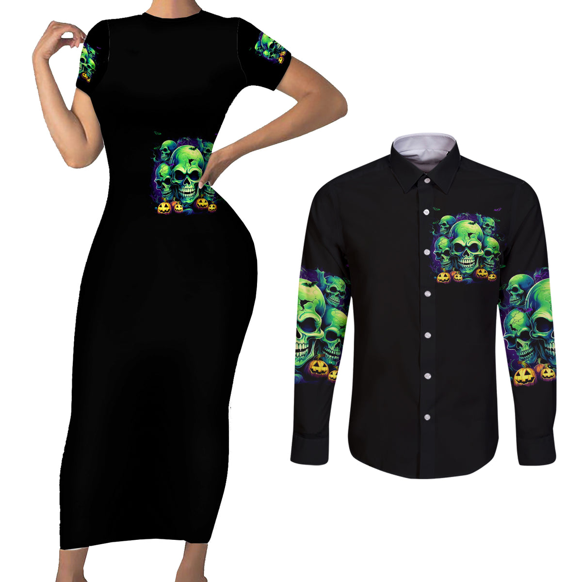 Skull Pumpkin Couples Matching Short Sleeve Bodycon Dress and Long Sleeve Button Shirts I Have Three Side Quite Funny And Side You Never Want - Wonder Print Shop
