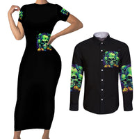 Skull Pumpkin Couples Matching Short Sleeve Bodycon Dress and Long Sleeve Button Shirts I Have Three Side Quite Funny And Side You Never Want - Wonder Print Shop