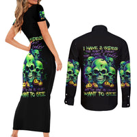 Skull Pumpkin Couples Matching Short Sleeve Bodycon Dress and Long Sleeve Button Shirts I Have Three Side Quite Funny And Side You Never Want - Wonder Print Shop