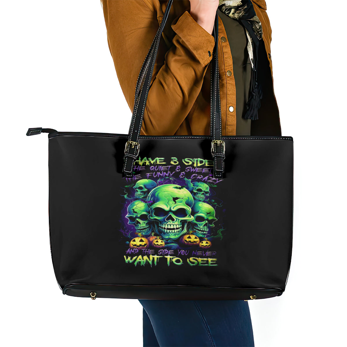 Skull Pumpkin Leather Tote Bag I Have Three Side Quite Funny And Side You Never Want - Wonder Print Shop
