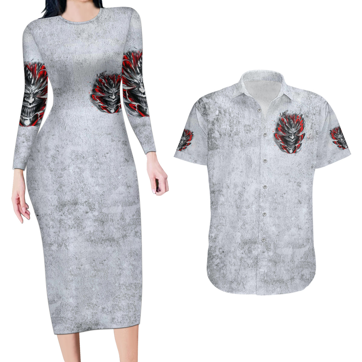 Devil Skull Couples Matching Long Sleeve Bodycon Dress and Hawaiian Shirt I Never Alone My Demon With Me 24/7 - Wonder Print Shop
