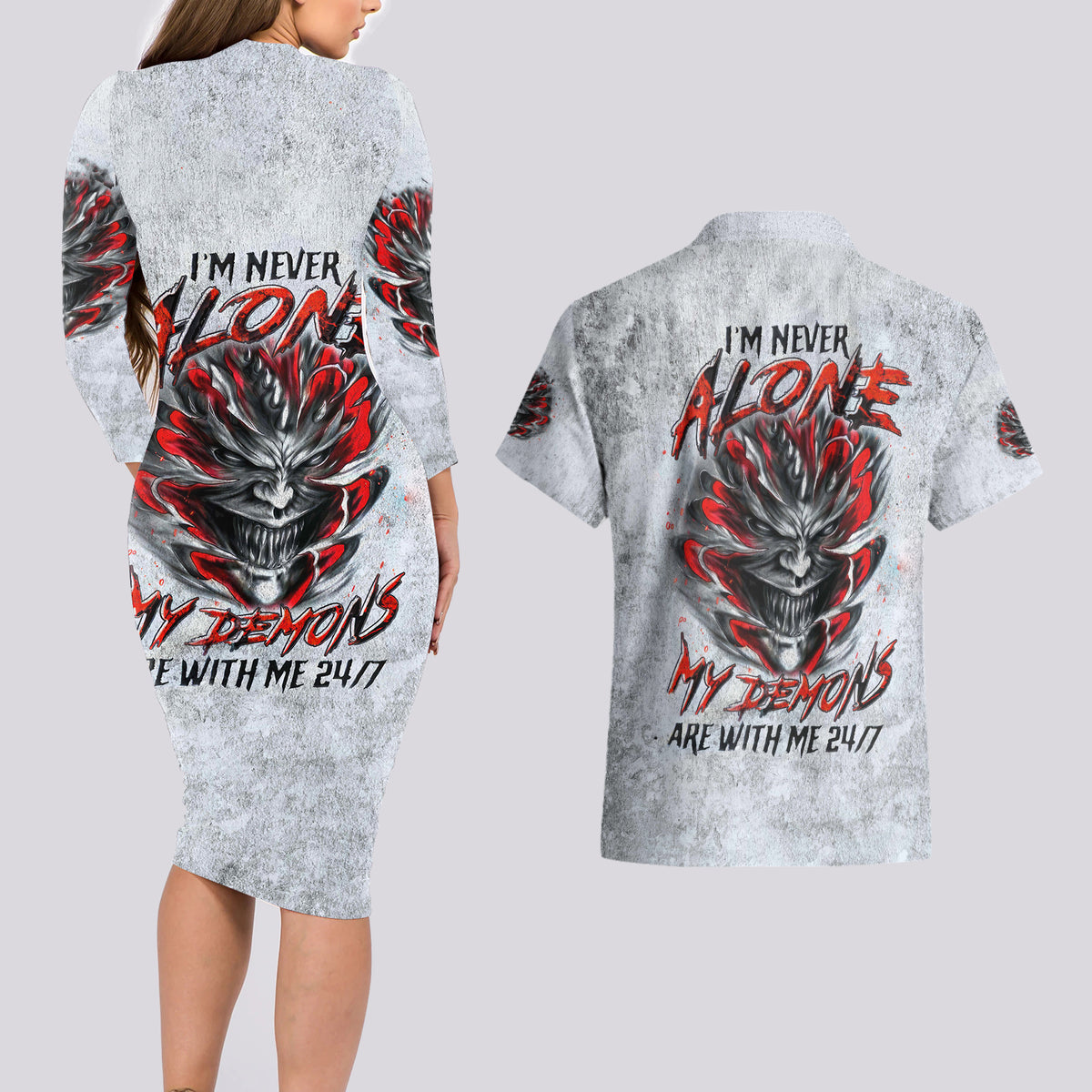 Devil Skull Couples Matching Long Sleeve Bodycon Dress and Hawaiian Shirt I Never Alone My Demon With Me 24/7 - Wonder Print Shop