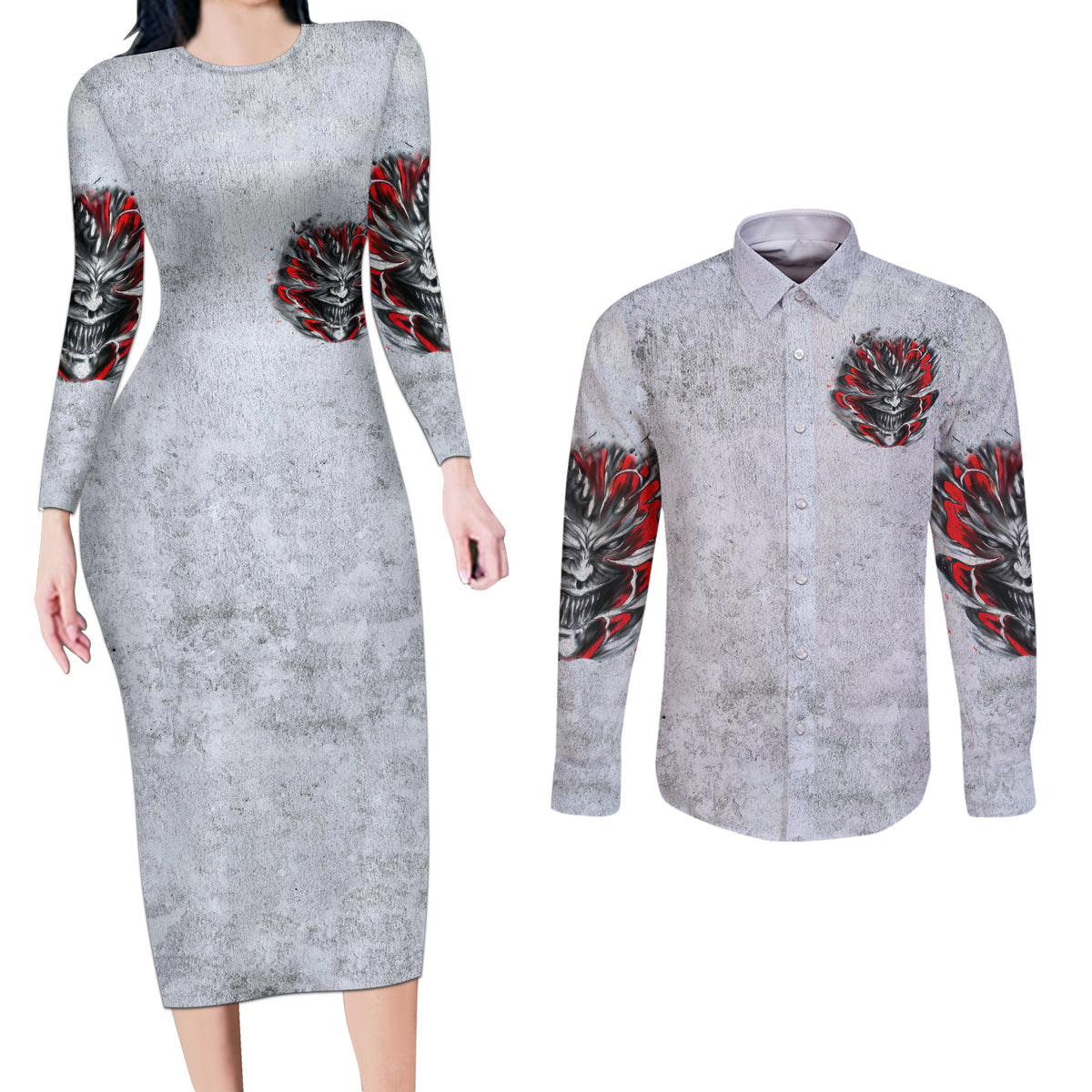 Devil Skull Couples Matching Long Sleeve Bodycon Dress and Long Sleeve Button Shirts I Never Alone My Demon With Me 24/7 - Wonder Print Shop