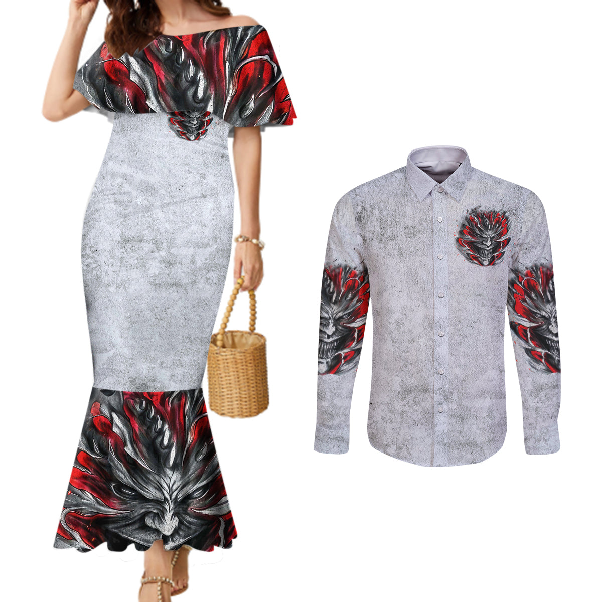 Devil Skull Couples Matching Mermaid Dress and Long Sleeve Button Shirts I Never Alone My Demon With Me 24/7 DT01