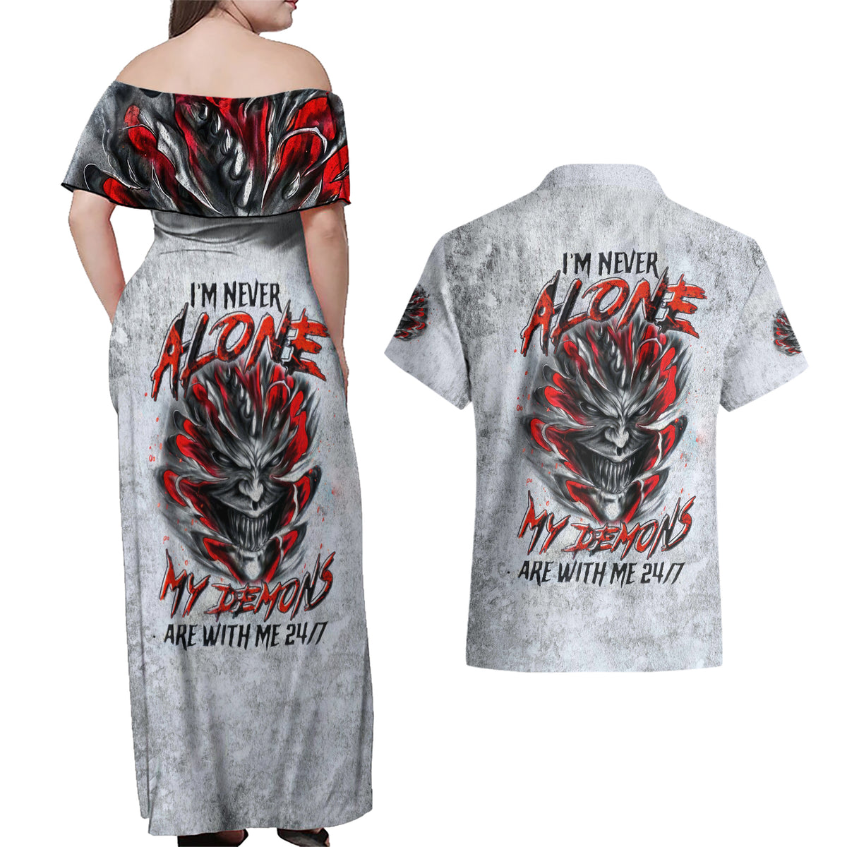 Devil Skull Couples Matching Off Shoulder Maxi Dress and Hawaiian Shirt I Never Alone My Demon With Me 24/7 - Wonder Print Shop