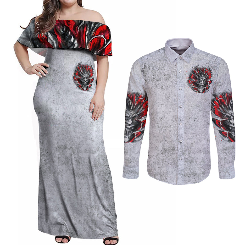 Devil Skull Couples Matching Off Shoulder Maxi Dress and Long Sleeve Button Shirts I Never Alone My Demon With Me 24/7 - Wonder Print Shop