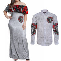 Devil Skull Couples Matching Off Shoulder Maxi Dress and Long Sleeve Button Shirts I Never Alone My Demon With Me 24/7 - Wonder Print Shop