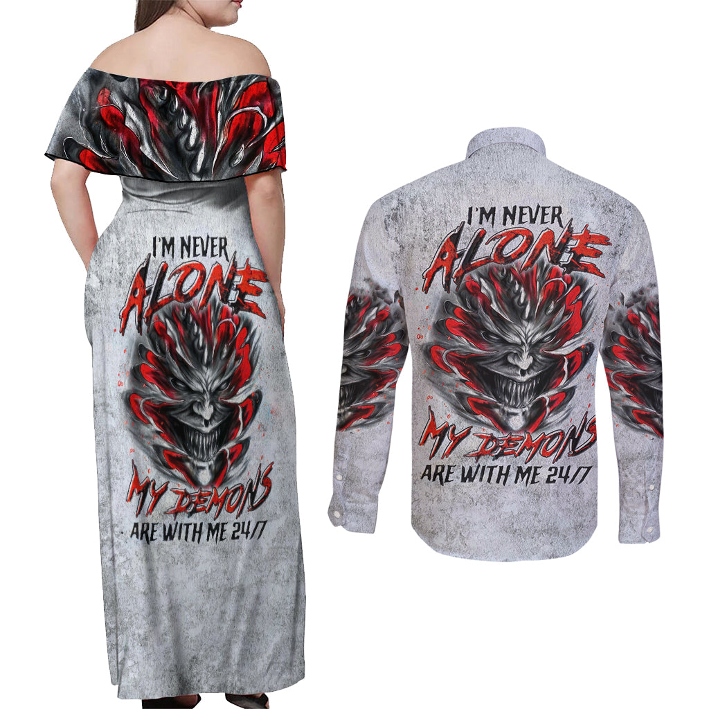 Devil Skull Couples Matching Off Shoulder Maxi Dress and Long Sleeve Button Shirts I Never Alone My Demon With Me 24/7 - Wonder Print Shop
