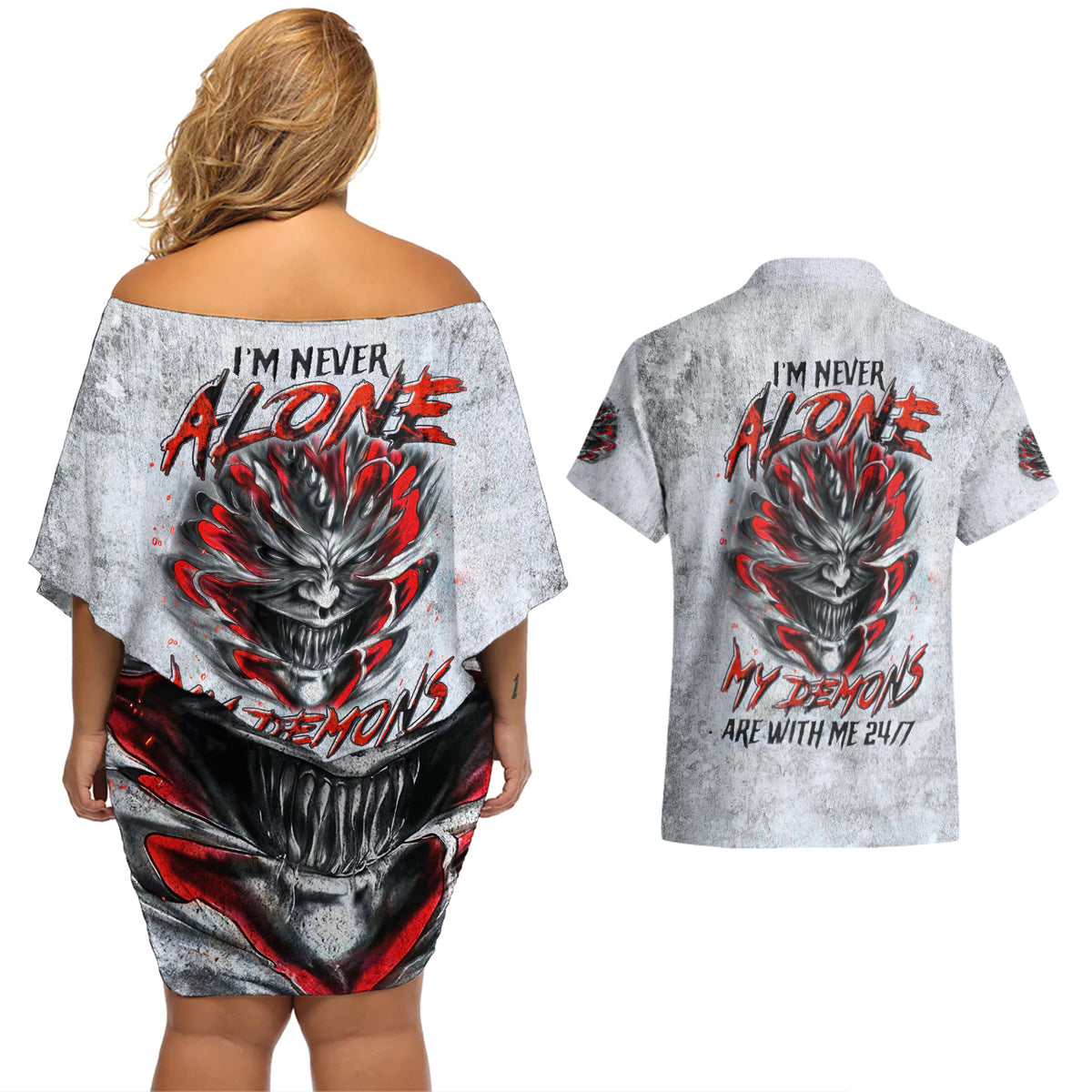 Devil Skull Couples Matching Off Shoulder Short Dress and Hawaiian Shirt I Never Alone My Demon With Me 24/7 - Wonder Print Shop
