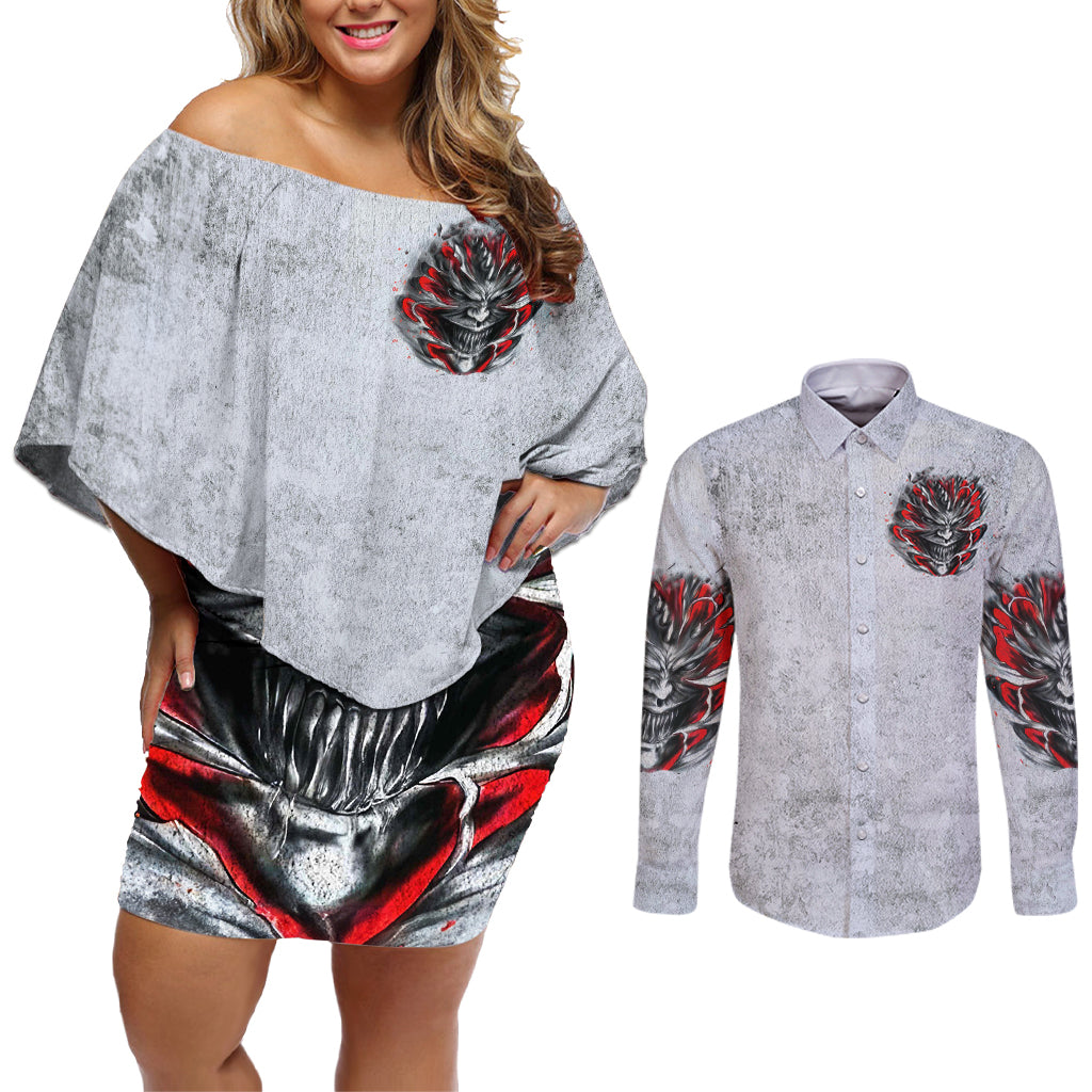 Devil Skull Couples Matching Off Shoulder Short Dress and Long Sleeve Button Shirts I Never Alone My Demon With Me 24/7 - Wonder Print Shop