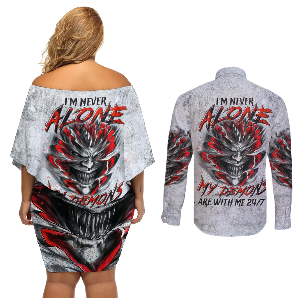 Devil Skull Couples Matching Off Shoulder Short Dress and Long Sleeve Button Shirts I Never Alone My Demon With Me 24/7 - Wonder Print Shop