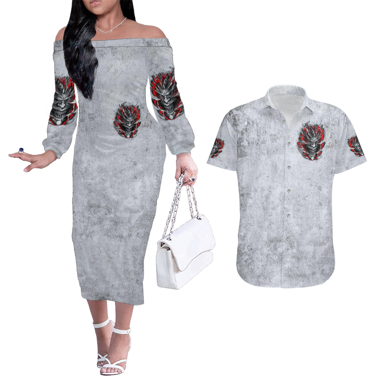 Devil Skull Couples Matching Off The Shoulder Long Sleeve Dress and Hawaiian Shirt I Never Alone My Demon With Me 24/7 - Wonder Print Shop