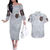 Devil Skull Couples Matching Off The Shoulder Long Sleeve Dress and Hawaiian Shirt I Never Alone My Demon With Me 24/7 - Wonder Print Shop