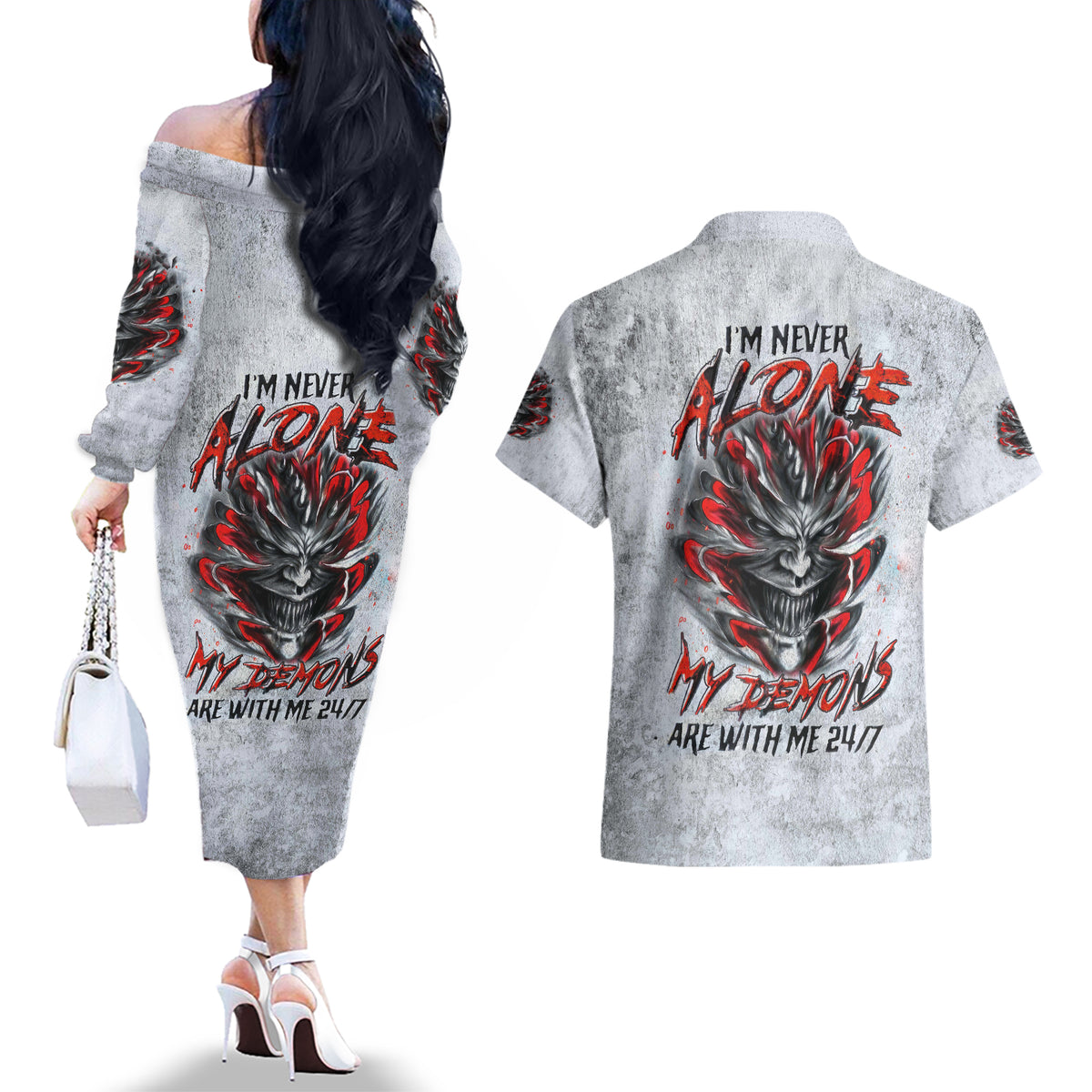 Devil Skull Couples Matching Off The Shoulder Long Sleeve Dress and Hawaiian Shirt I Never Alone My Demon With Me 24/7 - Wonder Print Shop