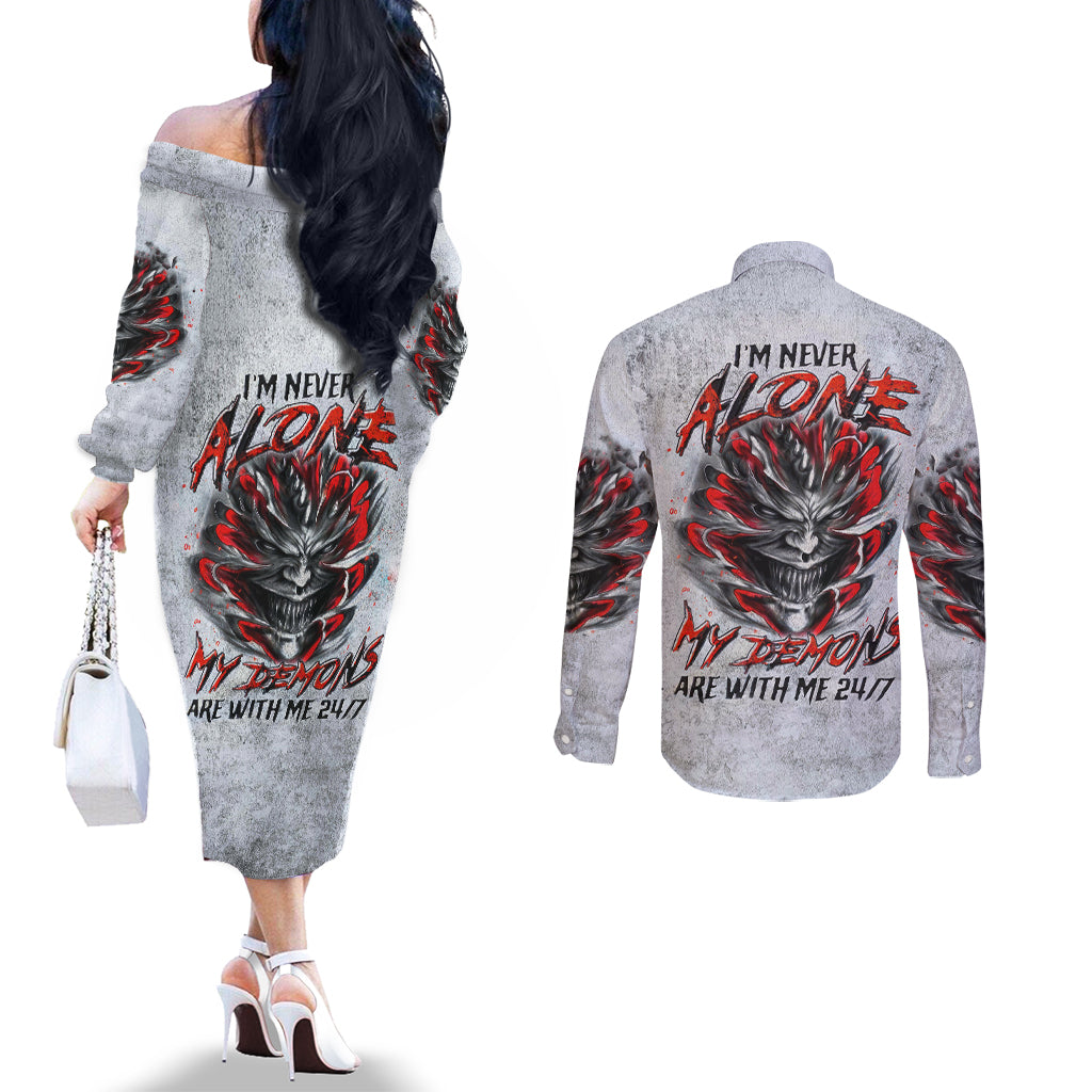 Devil Skull Couples Matching Off The Shoulder Long Sleeve Dress and Long Sleeve Button Shirts I Never Alone My Demon With Me 24/7 DT01