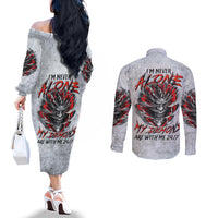 Devil Skull Couples Matching Off The Shoulder Long Sleeve Dress and Long Sleeve Button Shirts I Never Alone My Demon With Me 24/7 DT01