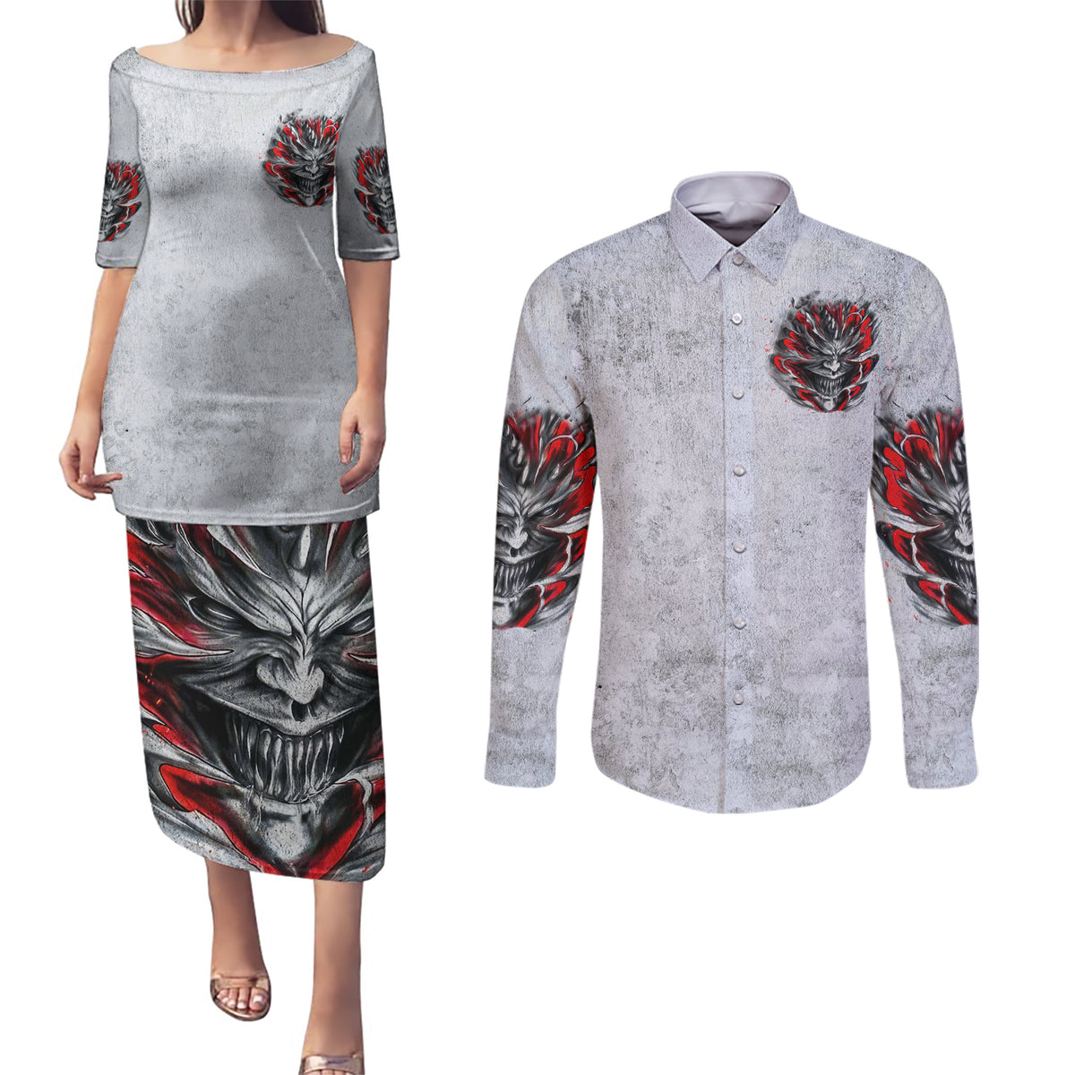 Devil Skull Couples Matching Puletasi Dress and Long Sleeve Button Shirts I Never Alone My Demon With Me 24/7 - Wonder Print Shop