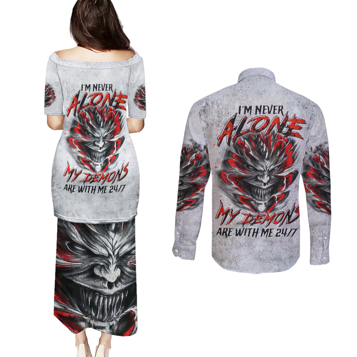 Devil Skull Couples Matching Puletasi Dress and Long Sleeve Button Shirts I Never Alone My Demon With Me 24/7 - Wonder Print Shop