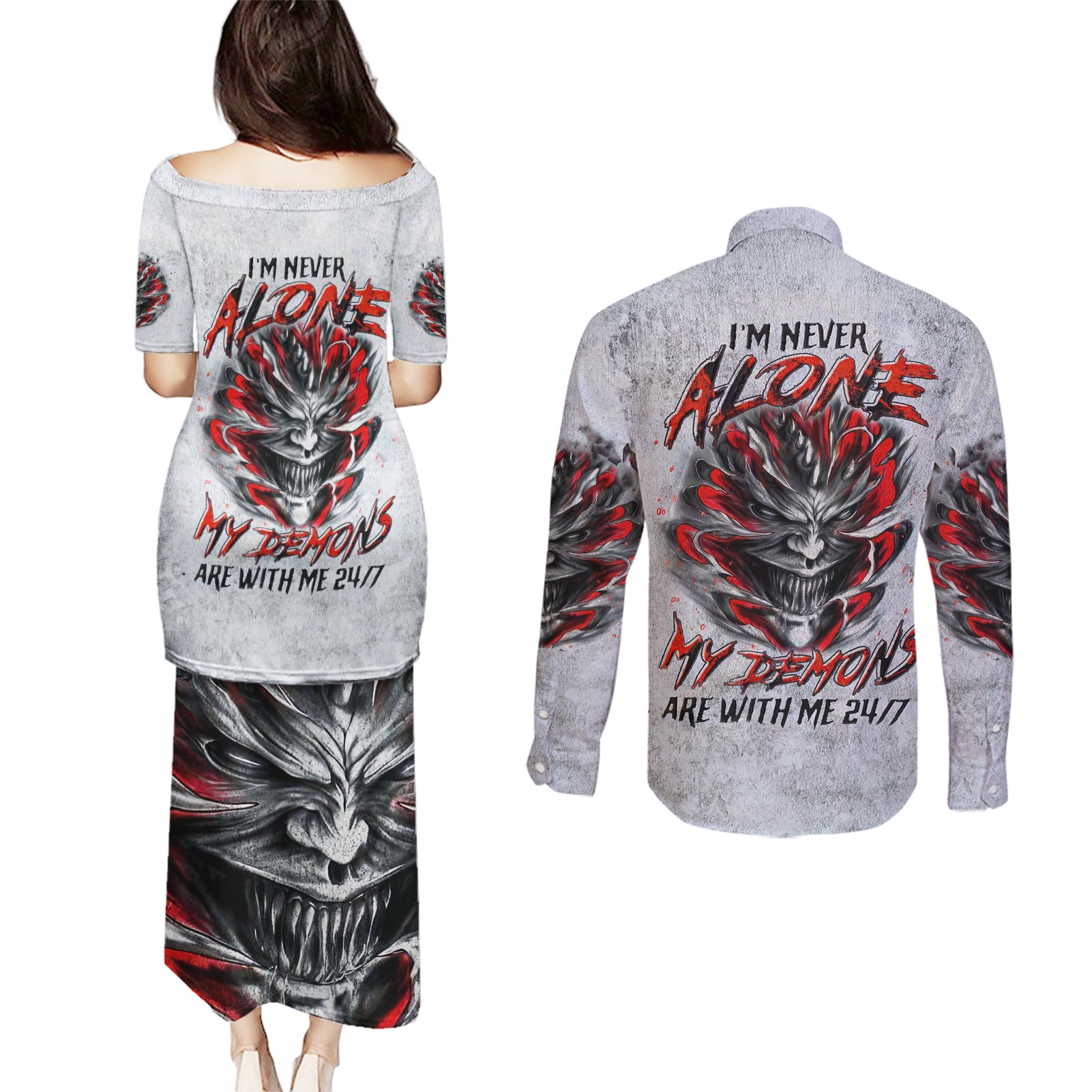 Devil Skull Couples Matching Puletasi Dress and Long Sleeve Button Shirts I Never Alone My Demon With Me 24/7 - Wonder Print Shop