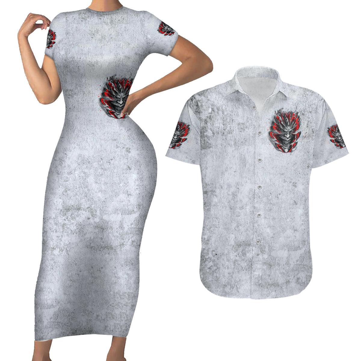 Devil Skull Couples Matching Short Sleeve Bodycon Dress and Hawaiian Shirt I Never Alone My Demon With Me 24/7 - Wonder Print Shop