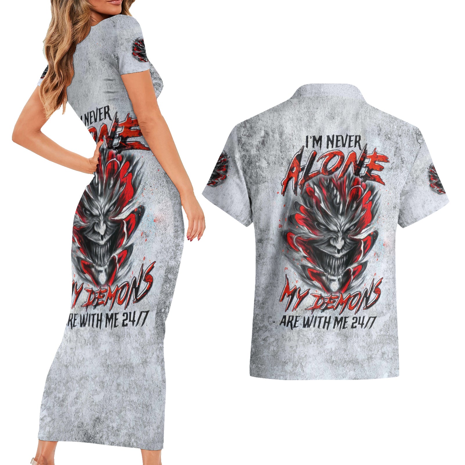 Devil Skull Couples Matching Short Sleeve Bodycon Dress and Hawaiian Shirt I Never Alone My Demon With Me 24/7 - Wonder Print Shop