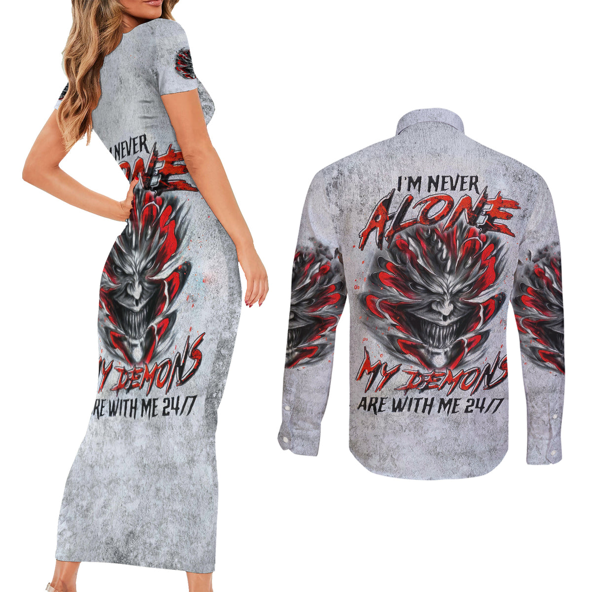 Devil Skull Couples Matching Short Sleeve Bodycon Dress and Long Sleeve Button Shirts I Never Alone My Demon With Me 24/7 - Wonder Print Shop