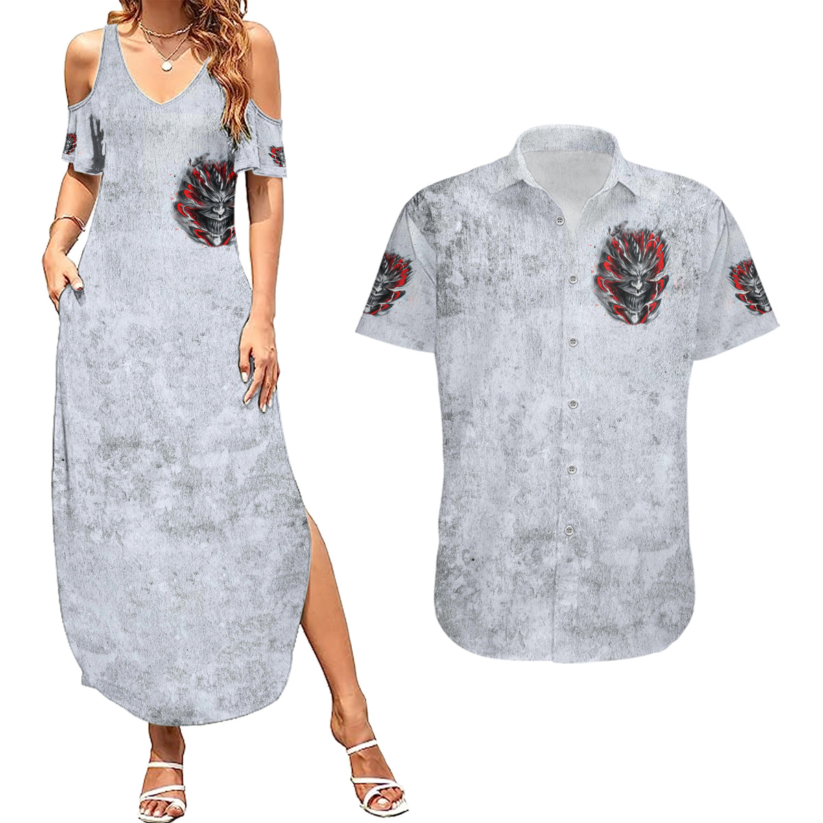 Devil Skull Couples Matching Summer Maxi Dress and Hawaiian Shirt I Never Alone My Demon With Me 24/7 - Wonder Print Shop