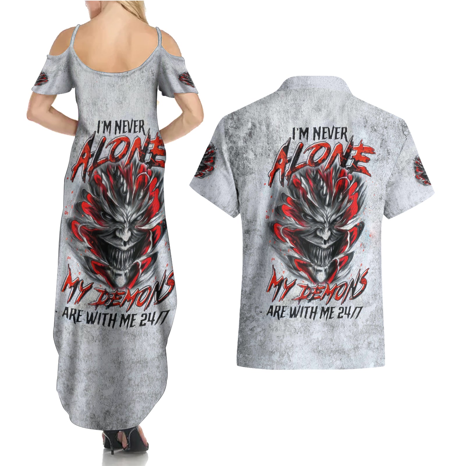 Devil Skull Couples Matching Summer Maxi Dress and Hawaiian Shirt I Never Alone My Demon With Me 24/7 - Wonder Print Shop
