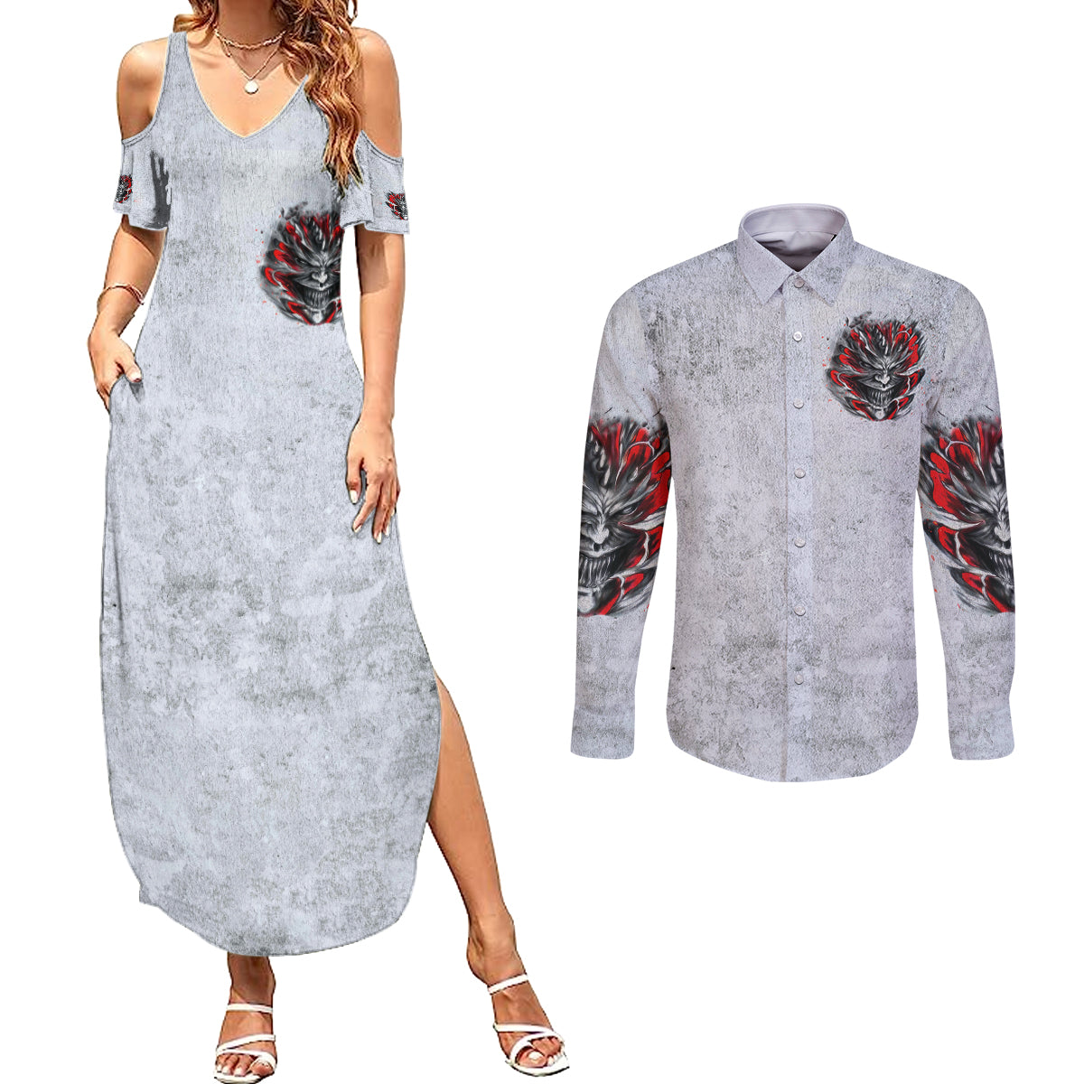 Devil Skull Couples Matching Summer Maxi Dress and Long Sleeve Button Shirts I Never Alone My Demon With Me 24/7 - Wonder Print Shop