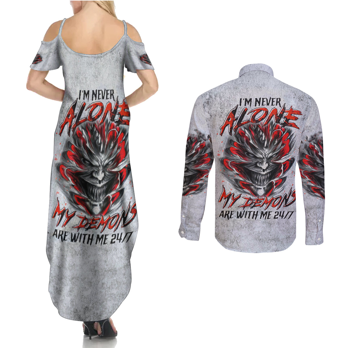 Devil Skull Couples Matching Summer Maxi Dress and Long Sleeve Button Shirts I Never Alone My Demon With Me 24/7 - Wonder Print Shop