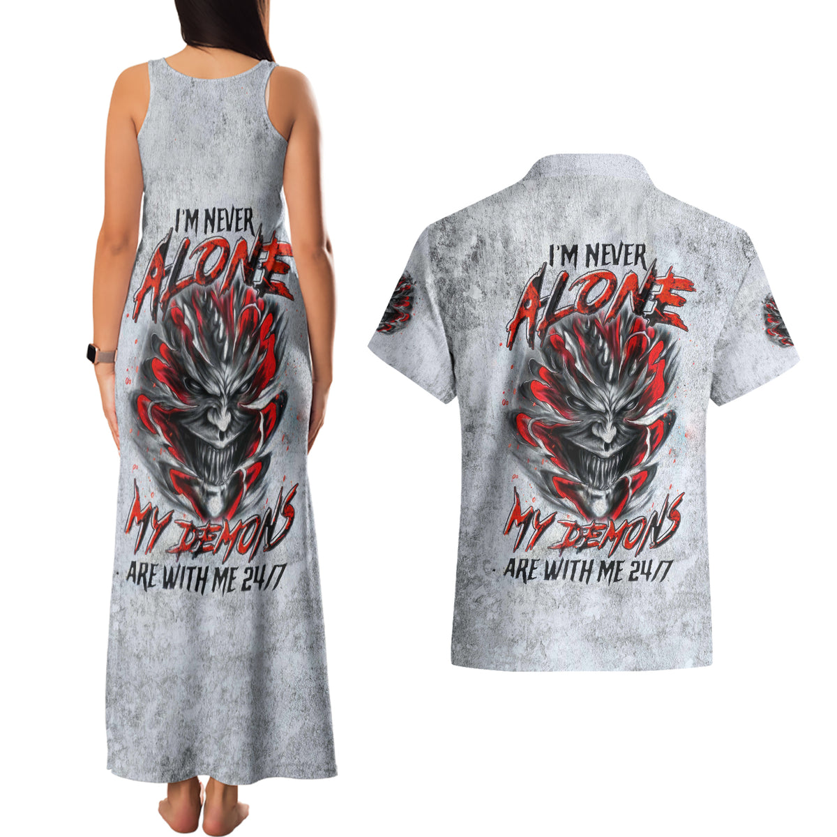 Devil Skull Couples Matching Tank Maxi Dress and Hawaiian Shirt I Never Alone My Demon With Me 24/7 - Wonder Print Shop