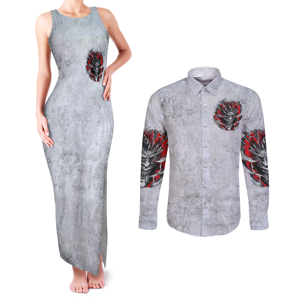 Devil Skull Couples Matching Tank Maxi Dress and Long Sleeve Button Shirts I Never Alone My Demon With Me 24/7 - Wonder Print Shop