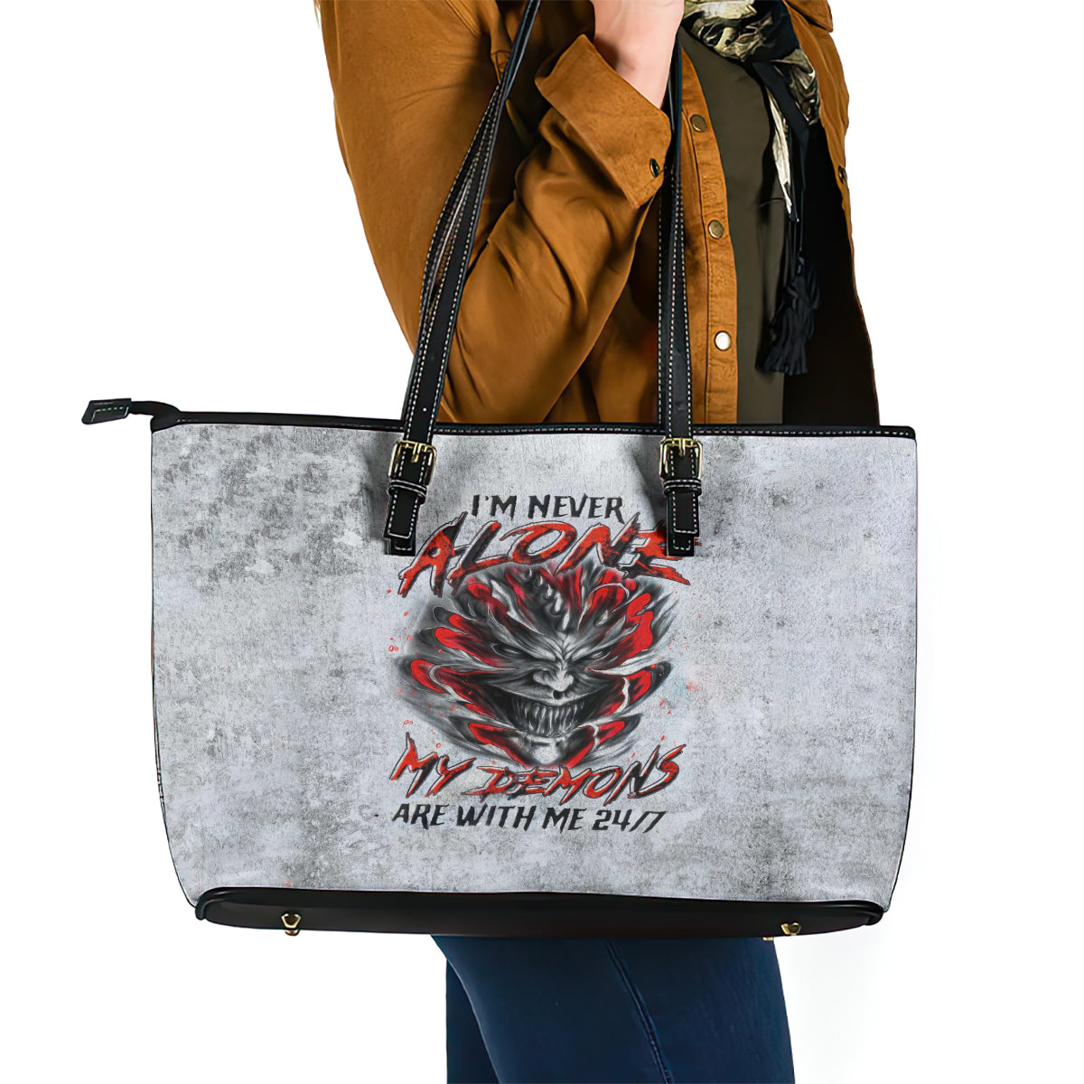 Devil Skull Leather Tote Bag I Never Alone My Demon With Me 24/7 - Wonder Print Shop